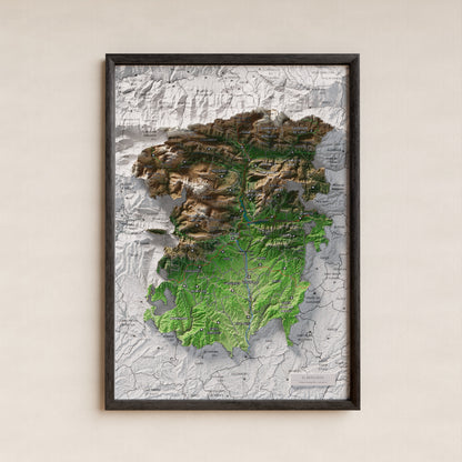 Mapa de relieve del Berguedà, con el territorio en color y el entorno en blanco. Presentación con marco. 21 × 30 cm. Estilo Clásico.