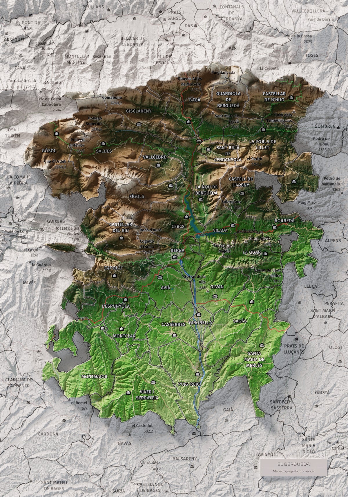 Mapa de relieve del Berguedà, con el territorio en color y el entorno en blanco. Vista completa de la lámina. 21 × 30 cm. Estilo Clásico.