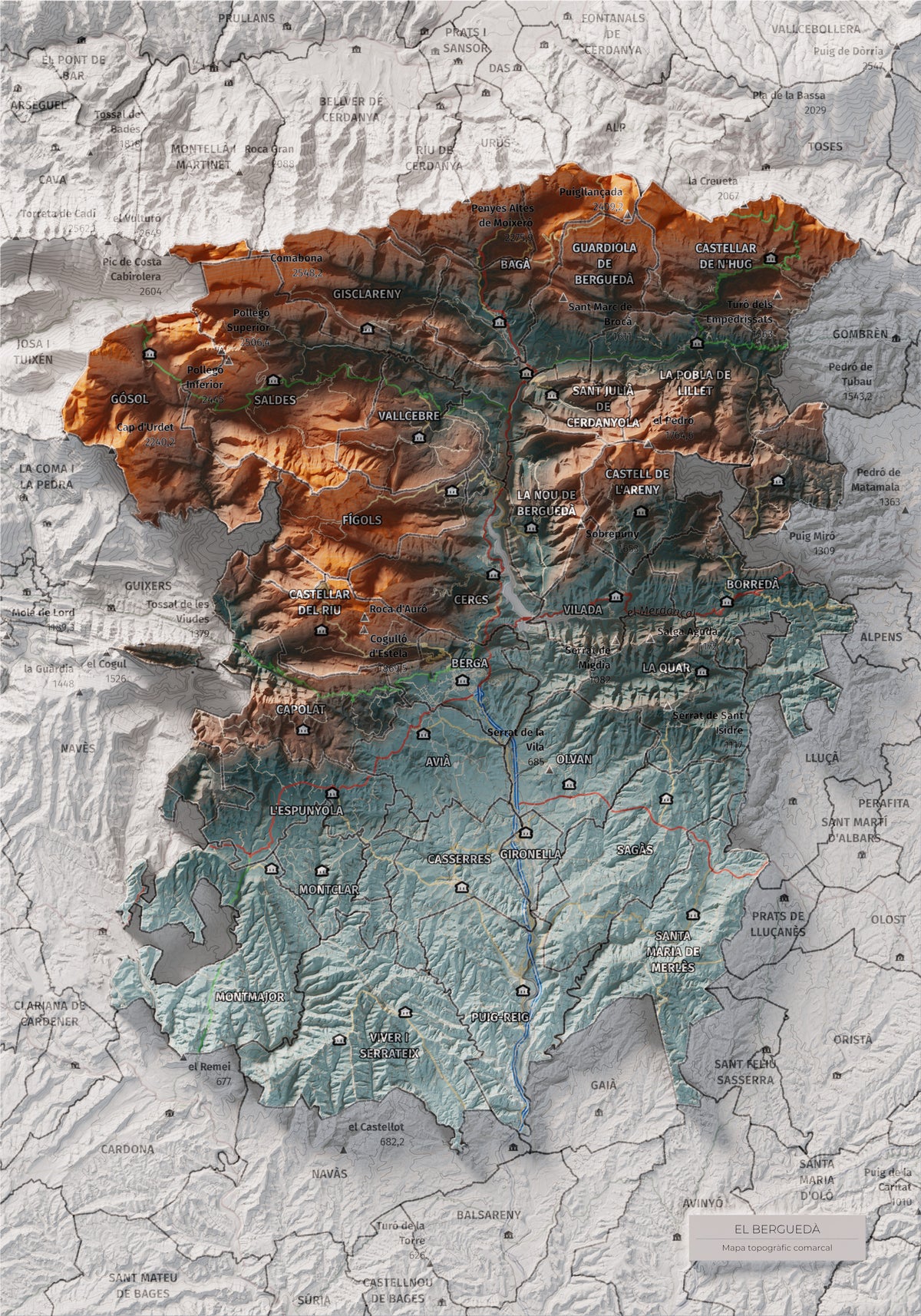 Mapa de relieve del Berguedà, con el territorio en color y el entorno en blanco. Vista completa de la lámina. 21 × 30 cm. Estilo Azul y naranja.
