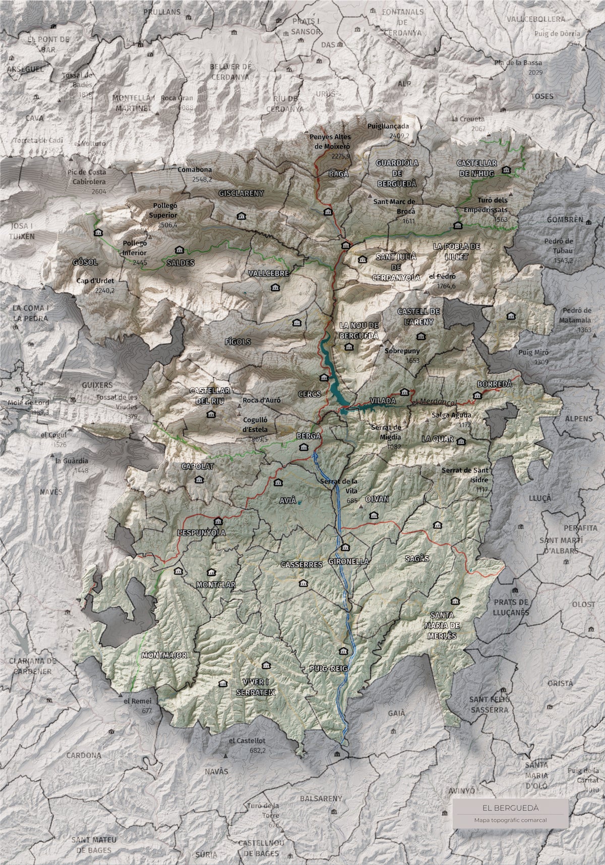 Mapa de relieve del Berguedà, con el territorio en color y el entorno en blanco. Vista completa de la lámina. 21 × 30 cm. Estilo Cartográfico.