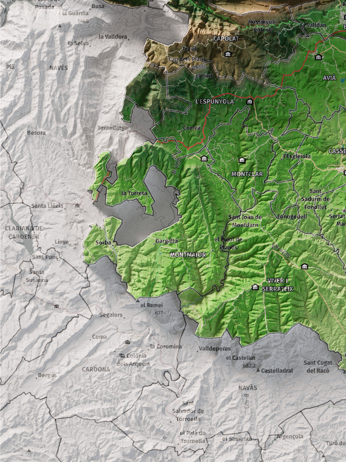 Mapa de relieve del Berguedà, con el territorio en color y el entorno en blanco. Detalle de la zona inferior izquierda. 30 × 40 cm. Estilo Clásico.