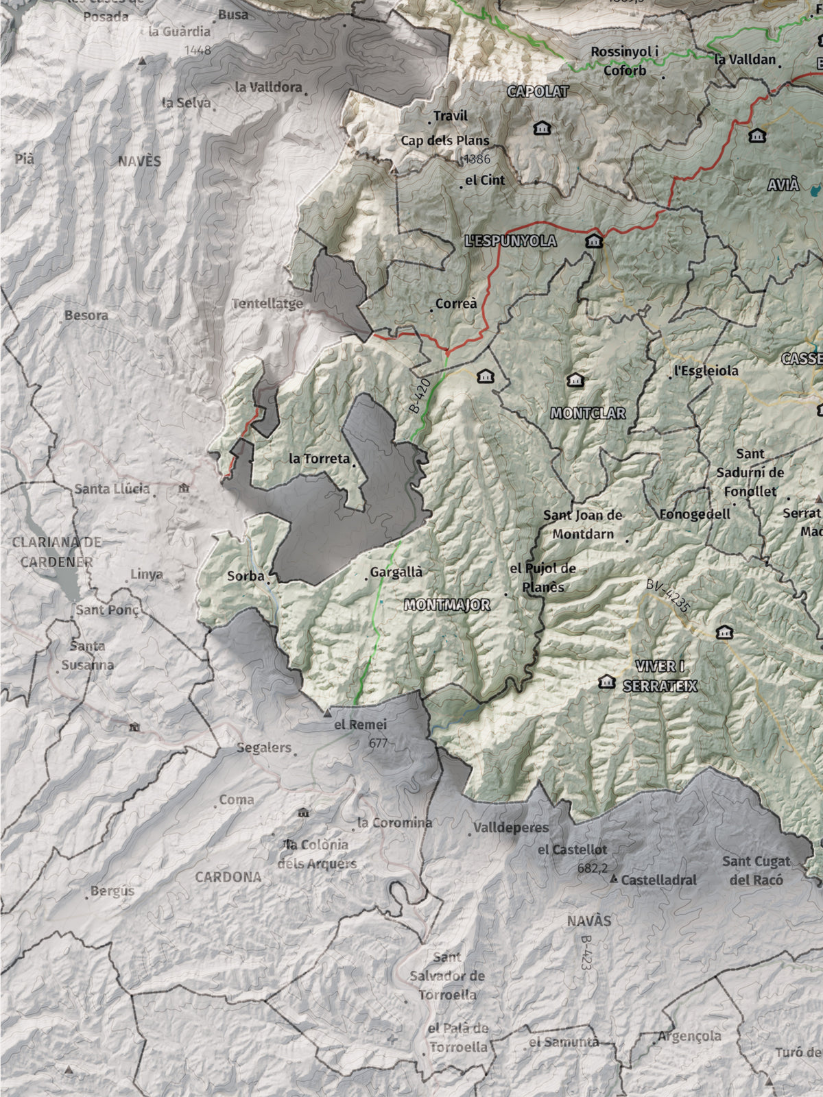 Mapa de relieve del Berguedà, con el territorio en color y el entorno en blanco. Detalle de la zona inferior izquierda. 30 × 40 cm. Estilo Cartográfico.