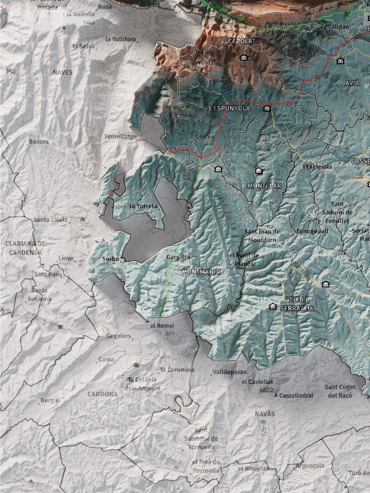 Mapa de relieve del Berguedà, con el territorio en color y el entorno en blanco. Detalle de la zona inferior izquierda. 30 × 40 cm. Estilo Azul y naranja.