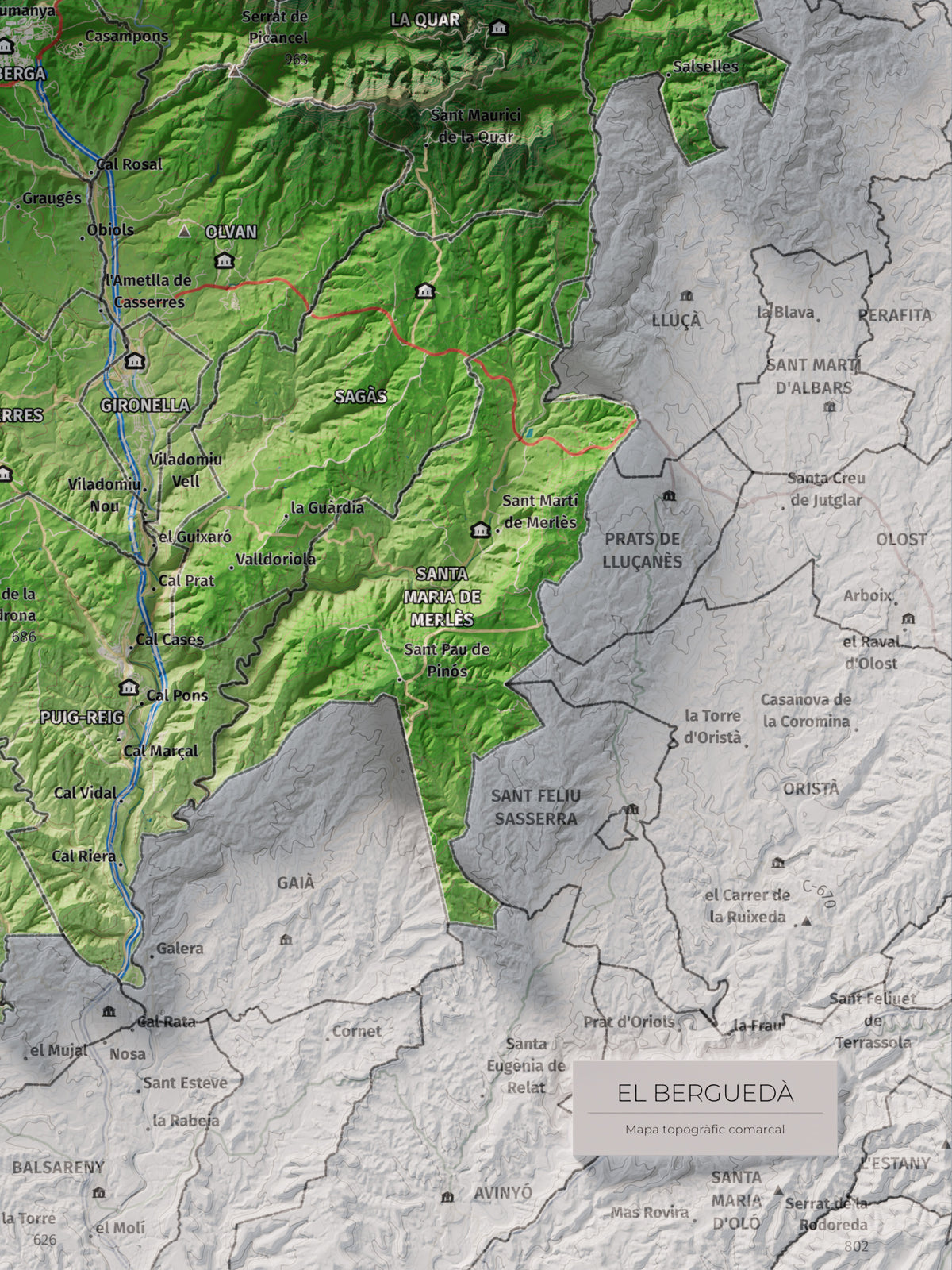 Mapa de relieve del Berguedà, con el territorio en color y el entorno en blanco. Detalle de la zona inferior derecha. 30 × 40 cm. Estilo Clásico.
