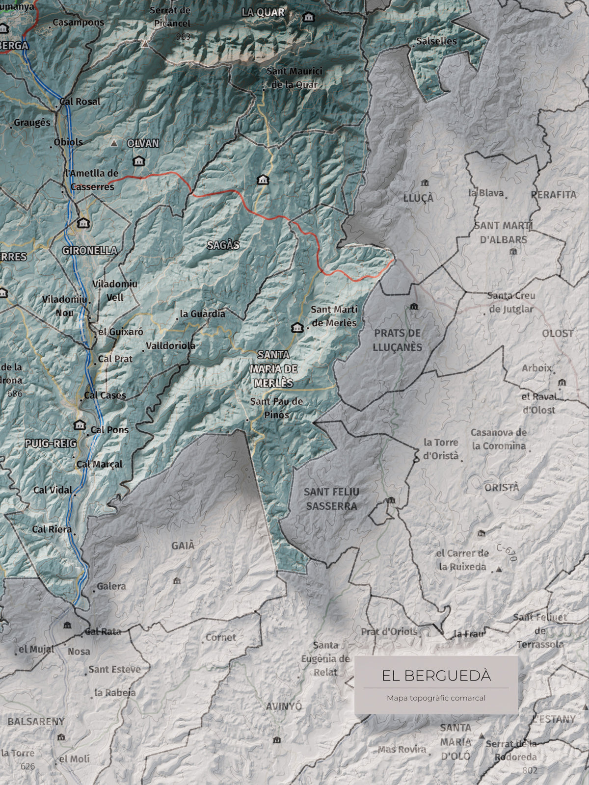 Mapa de relieve del Berguedà, con el territorio en color y el entorno en blanco. Detalle de la zona inferior derecha. 30 × 40 cm. Estilo Azul y naranja.