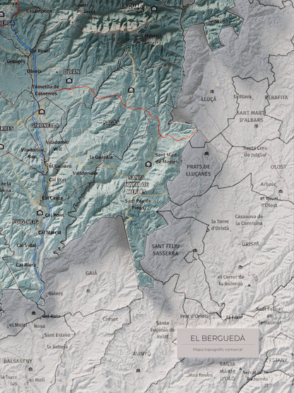 Mapa de relieve del Berguedà, con el territorio en color y el entorno en blanco. Detalle de la zona inferior derecha. 30 × 40 cm. Estilo Azul y naranja.