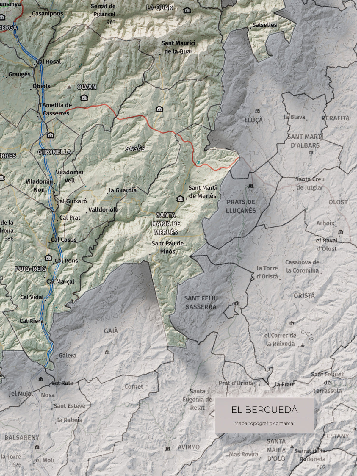 Mapa de relieve del Berguedà, con el territorio en color y el entorno en blanco. Detalle de la zona inferior derecha. 30 × 40 cm. Estilo Cartográfico.