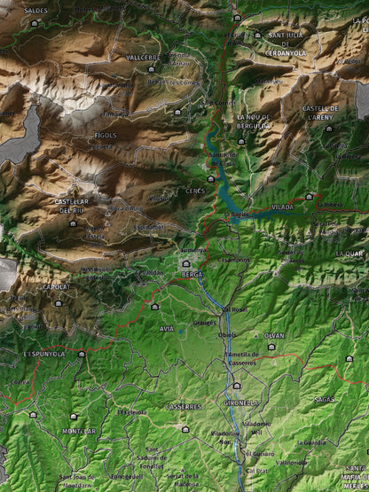 Mapa de relieve del Berguedà, con el territorio en color y el entorno en blanco. Detalle de la zona central. 30 × 40 cm. Estilo Clásico.