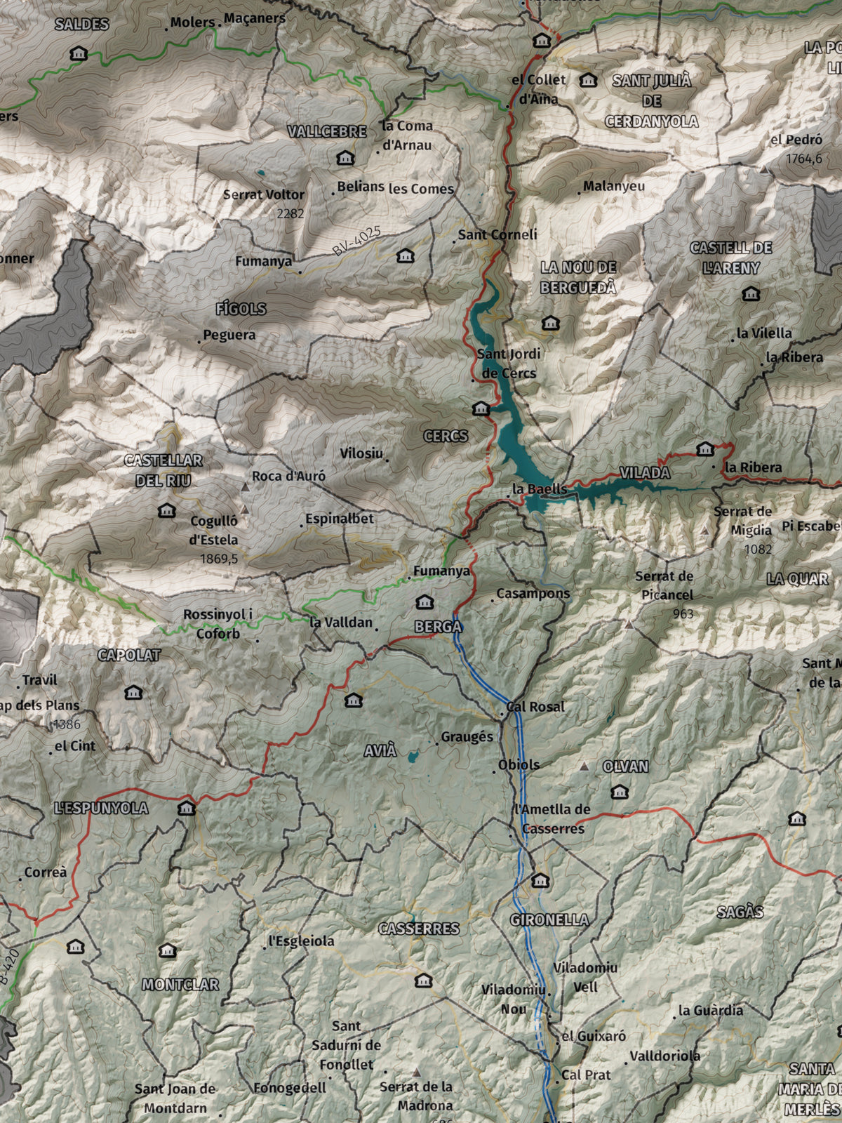 Mapa de relieve del Berguedà, con el territorio en color y el entorno en blanco. Detalle de la zona central. 30 × 40 cm. Estilo Cartográfico.