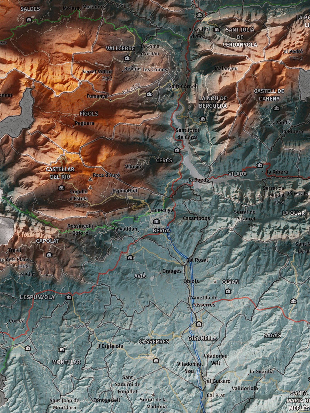 Mapa de relieve del Berguedà, con el territorio en color y el entorno en blanco. Detalle de la zona central. 30 × 40 cm. Estilo Azul y naranja.