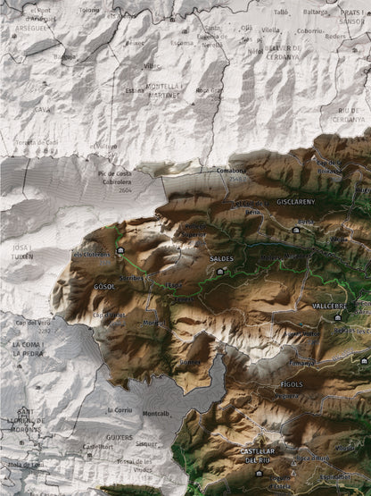 Mapa de relieve del Berguedà, con el territorio en color y el entorno en blanco. Detalle de la zona superior izquierda. 30 × 40 cm. Estilo Clásico.