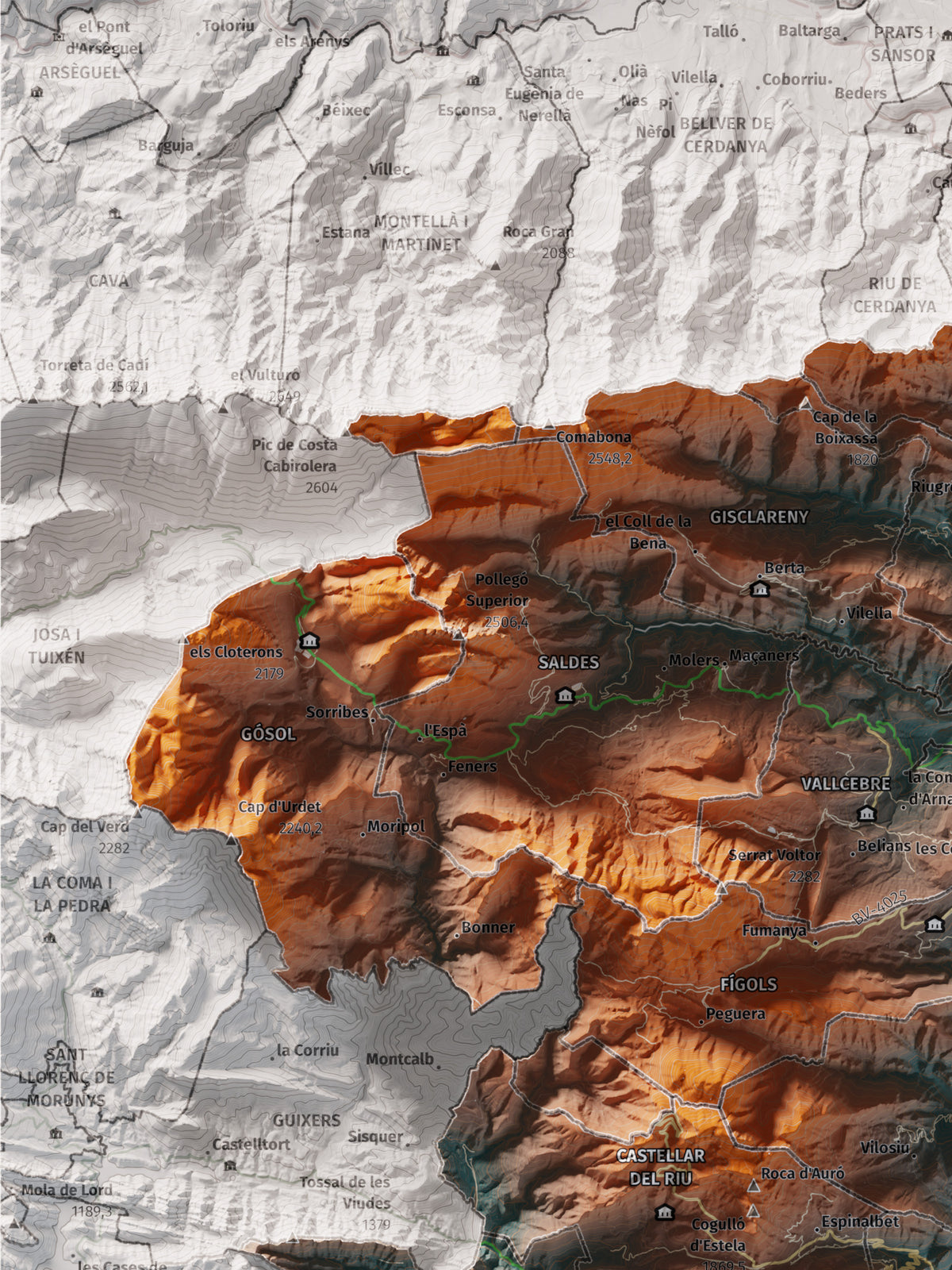 Mapa de relieve del Berguedà, con el territorio en color y el entorno en blanco. Detalle de la zona superior izquierda. 30 × 40 cm. Estilo Azul y naranja.