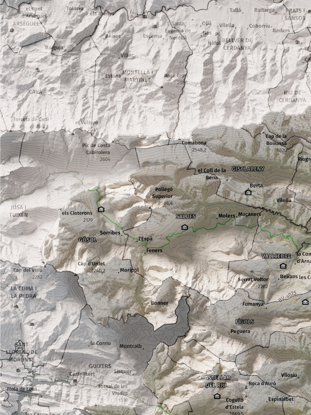 Mapa de relieve del Berguedà, con el territorio en color y el entorno en blanco. Detalle de la zona superior izquierda. 30 × 40 cm. Estilo Cartográfico.