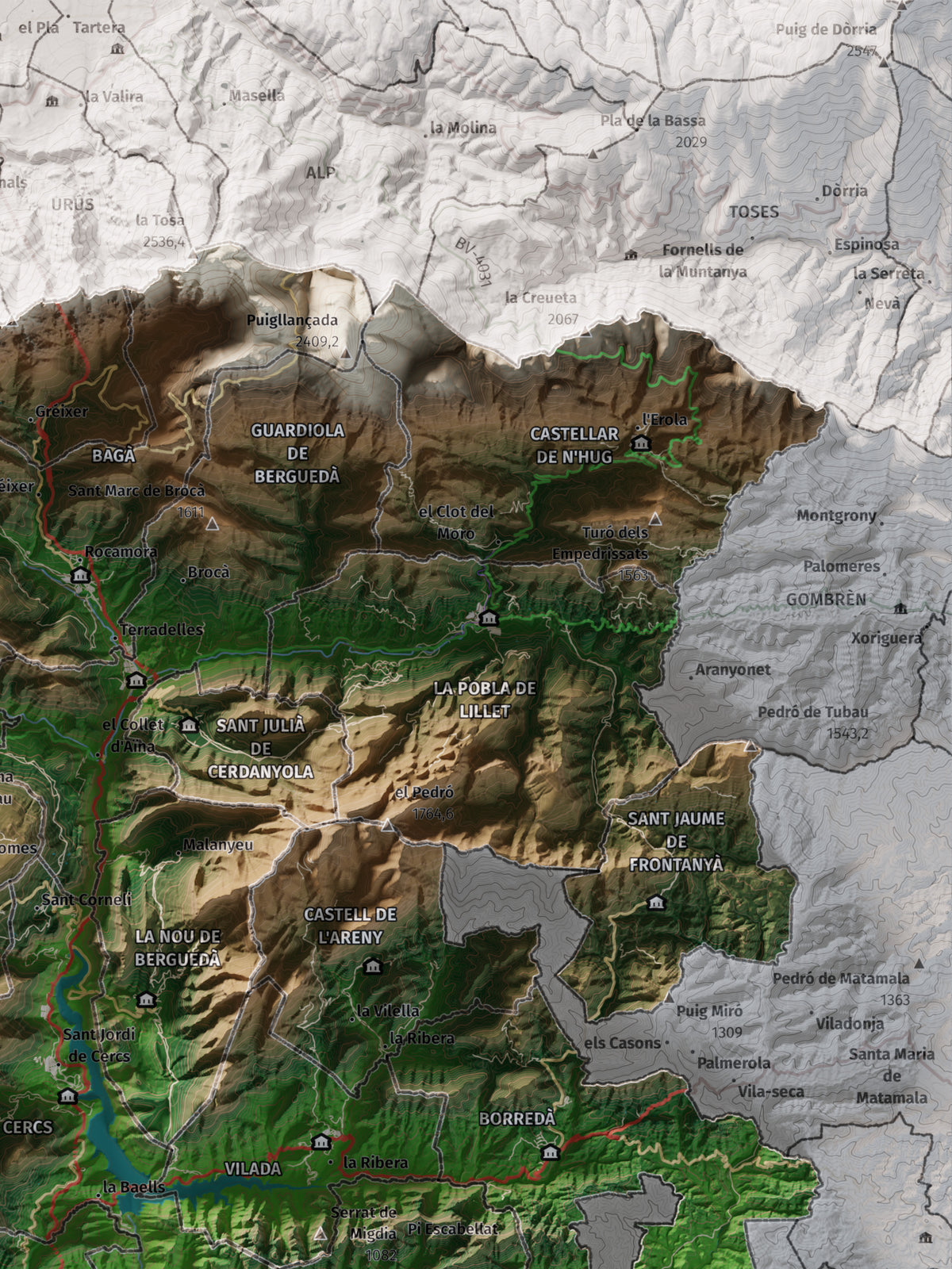 Mapa de relieve del Berguedà, con el territorio en color y el entorno en blanco. Detalle de la zona superior derecha. 30 × 40 cm. Estilo Clásico.