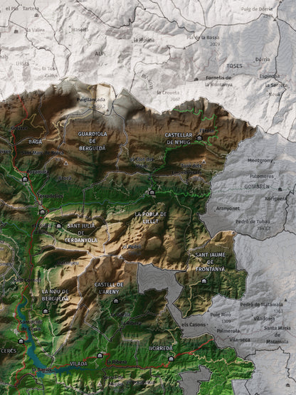 Mapa de relieve del Berguedà, con el territorio en color y el entorno en blanco. Detalle de la zona superior derecha. 30 × 40 cm. Estilo Clásico.
