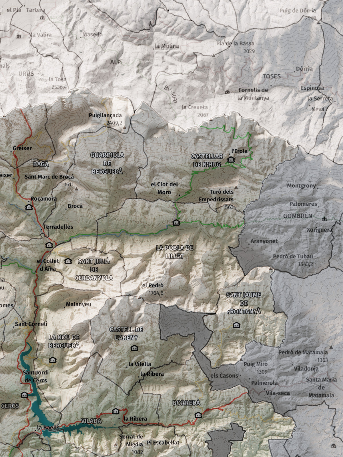 Mapa de relieve del Berguedà, con el territorio en color y el entorno en blanco. Detalle de la zona superior derecha. 30 × 40 cm. Estilo Cartográfico.