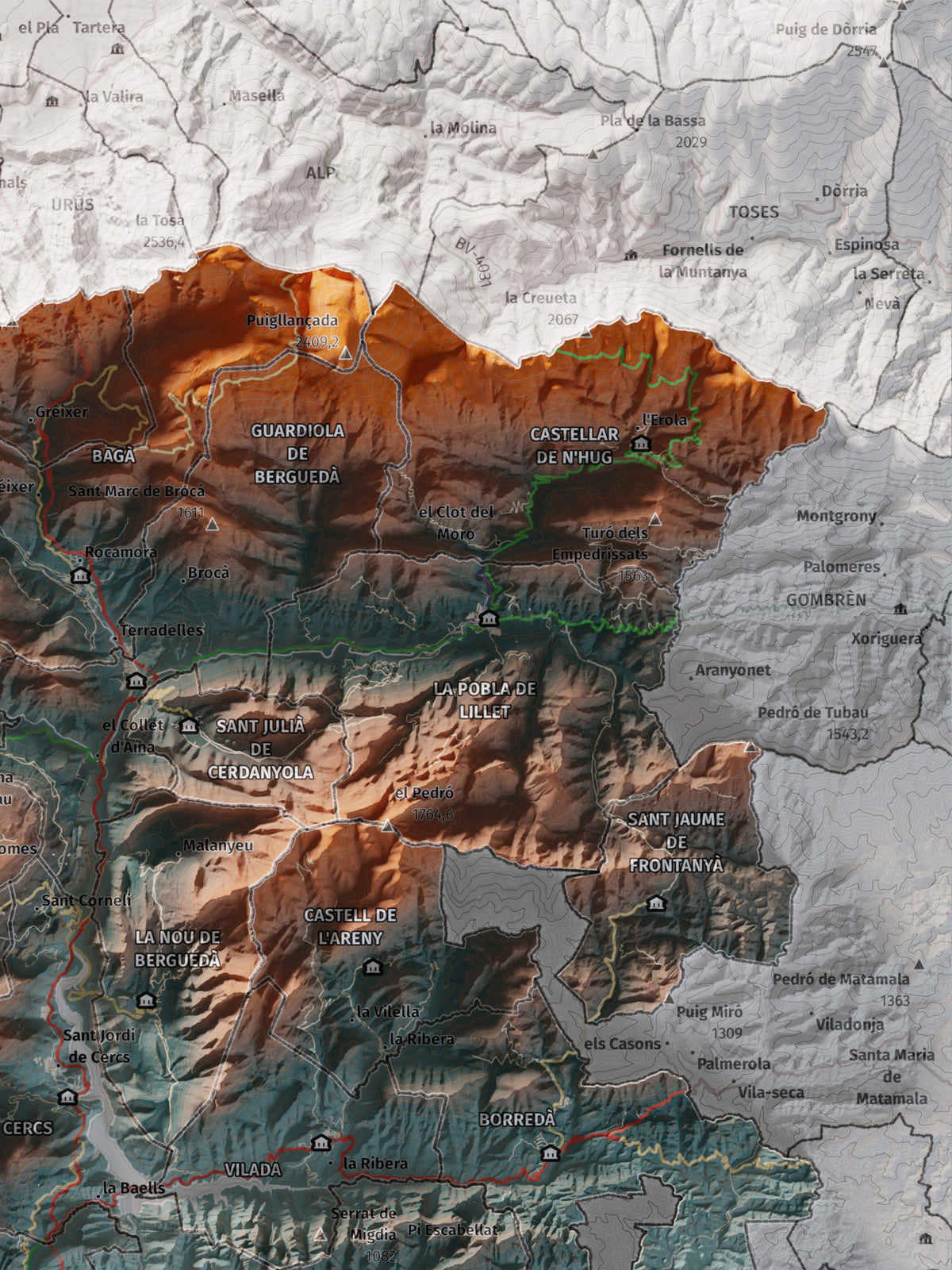 Mapa de relieve del Berguedà, con el territorio en color y el entorno en blanco. Detalle de la zona superior derecha. 30 × 40 cm. Estilo Azul y naranja.