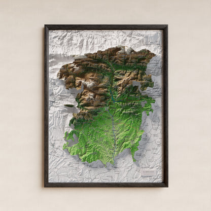 Mapa de relieve del Berguedà, con el territorio en color y el entorno en blanco. Presentación con marco. 30 × 40 cm. Estilo Clásico.