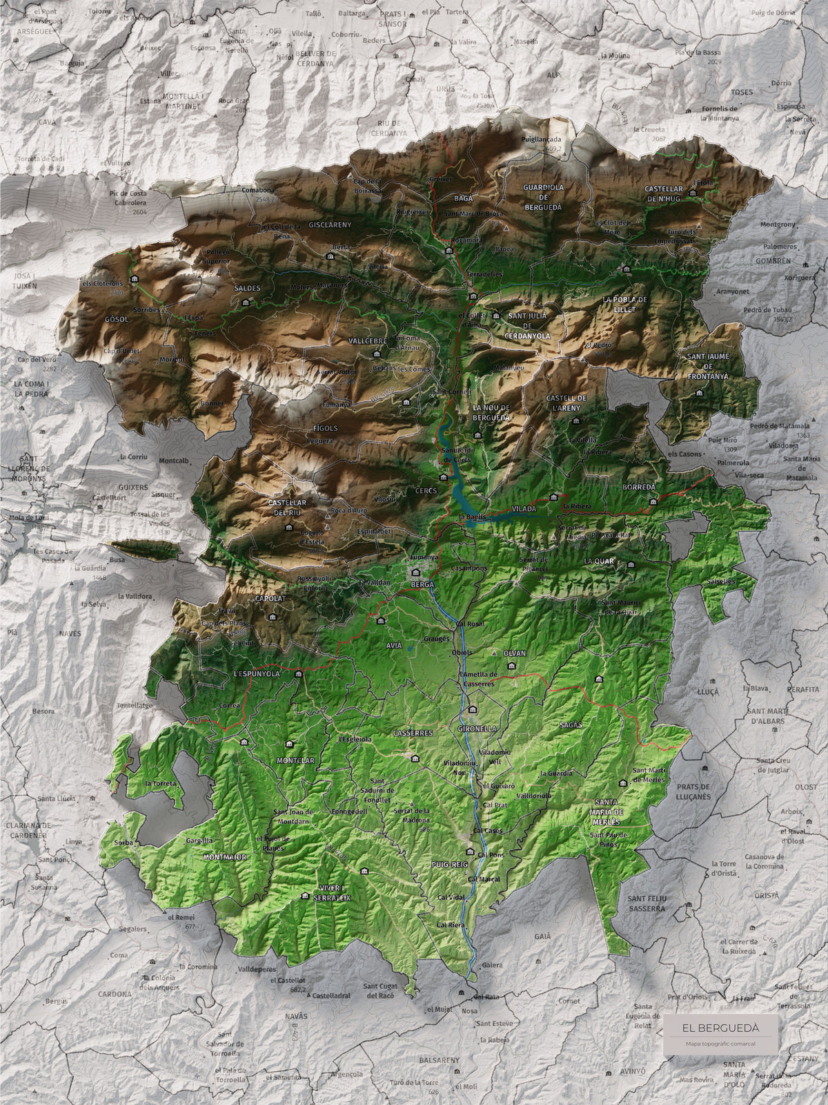 Mapa de relieve del Berguedà, con el territorio en color y el entorno en blanco. Vista completa de la lámina. 30 × 40 cm. Estilo Clásico.