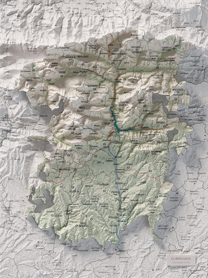 Mapa de relieve del Berguedà, con el territorio en color y el entorno en blanco. Vista completa de la lámina. 30 × 40 cm. Estilo Cartográfico.