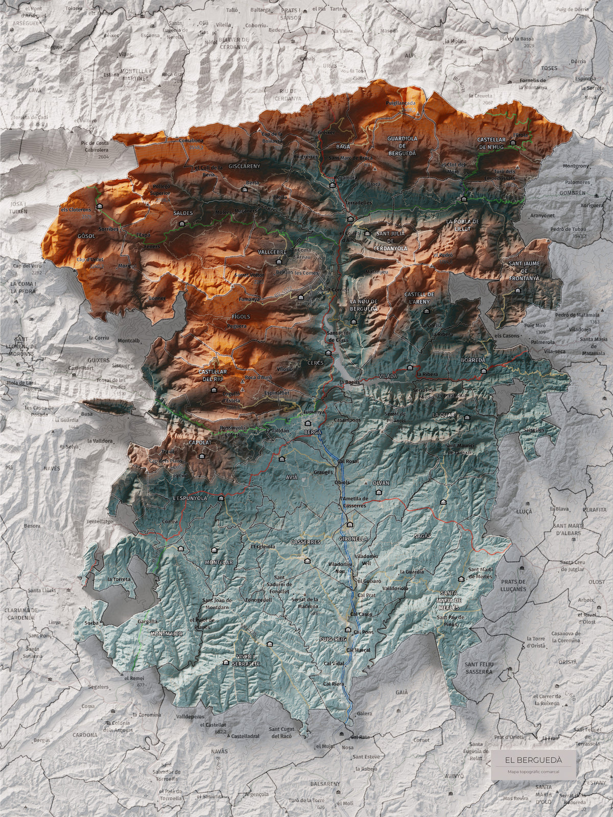 Mapa de relieve del Berguedà, con el territorio en color y el entorno en blanco. Vista completa de la lámina. 30 × 40 cm. Estilo Azul y naranja.