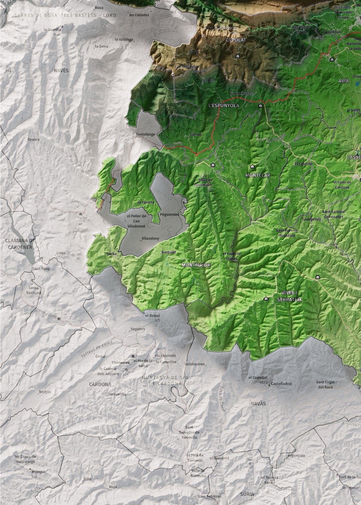 Mapa de relieve del Berguedà, con el territorio en color y el entorno en blanco. Detalle de la zona inferior izquierda. 50 × 70 cm. Estilo Clásico.