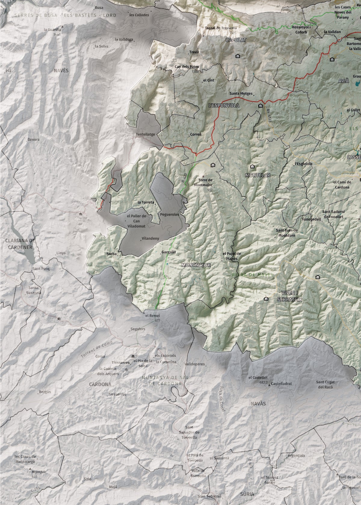 Mapa de relieve del Berguedà, con el territorio en color y el entorno en blanco. Detalle de la zona inferior izquierda. 50 × 70 cm. Estilo Cartográfico.