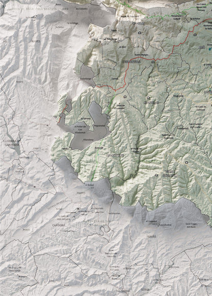 Mapa de relieve del Berguedà, con el territorio en color y el entorno en blanco. Detalle de la zona inferior izquierda. 50 × 70 cm. Estilo Cartográfico.