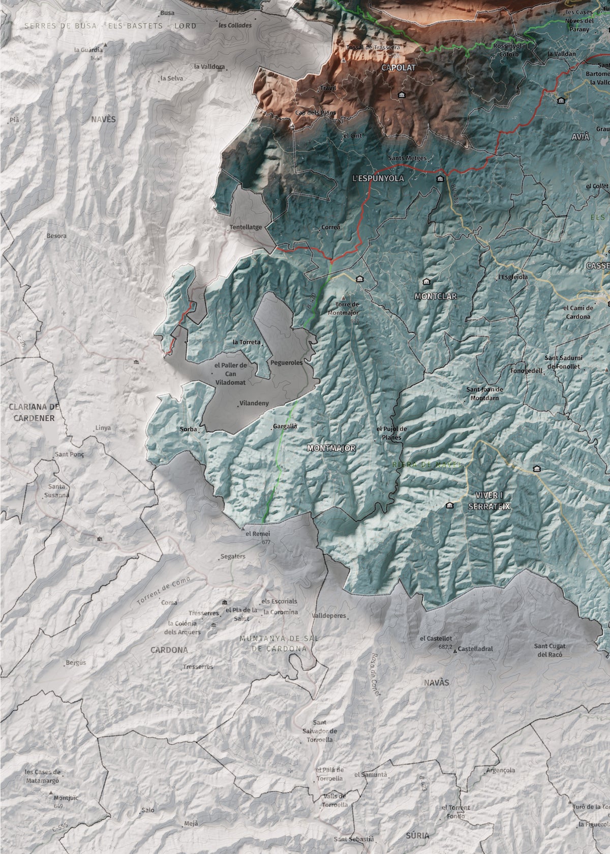 Mapa de relieve del Berguedà, con el territorio en color y el entorno en blanco. Detalle de la zona inferior izquierda. 50 × 70 cm. Estilo Azul y naranja.