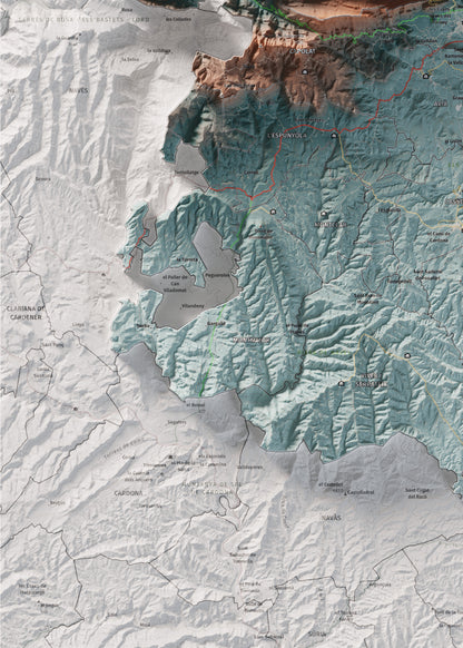 Mapa de relieve del Berguedà, con el territorio en color y el entorno en blanco. Detalle de la zona inferior izquierda. 50 × 70 cm. Estilo Azul y naranja.