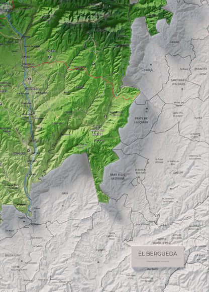 Mapa de relieve del Berguedà, con el territorio en color y el entorno en blanco. Detalle de la zona inferior derecha. 50 × 70 cm. Estilo Clásico.