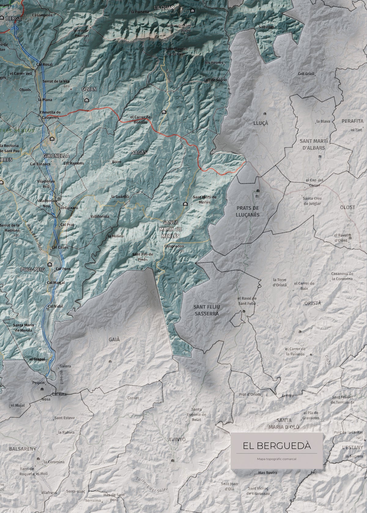 Mapa de relieve del Berguedà, con el territorio en color y el entorno en blanco. Detalle de la zona inferior derecha. 50 × 70 cm. Estilo Azul y naranja.