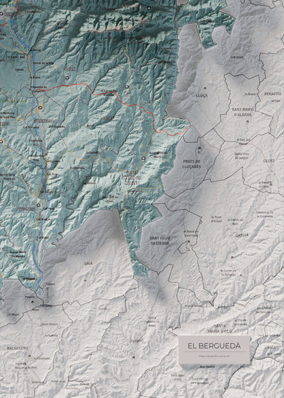 Mapa de relieve del Berguedà, con el territorio en color y el entorno en blanco. Detalle de la zona inferior derecha. 50 × 70 cm. Estilo Azul y naranja.
