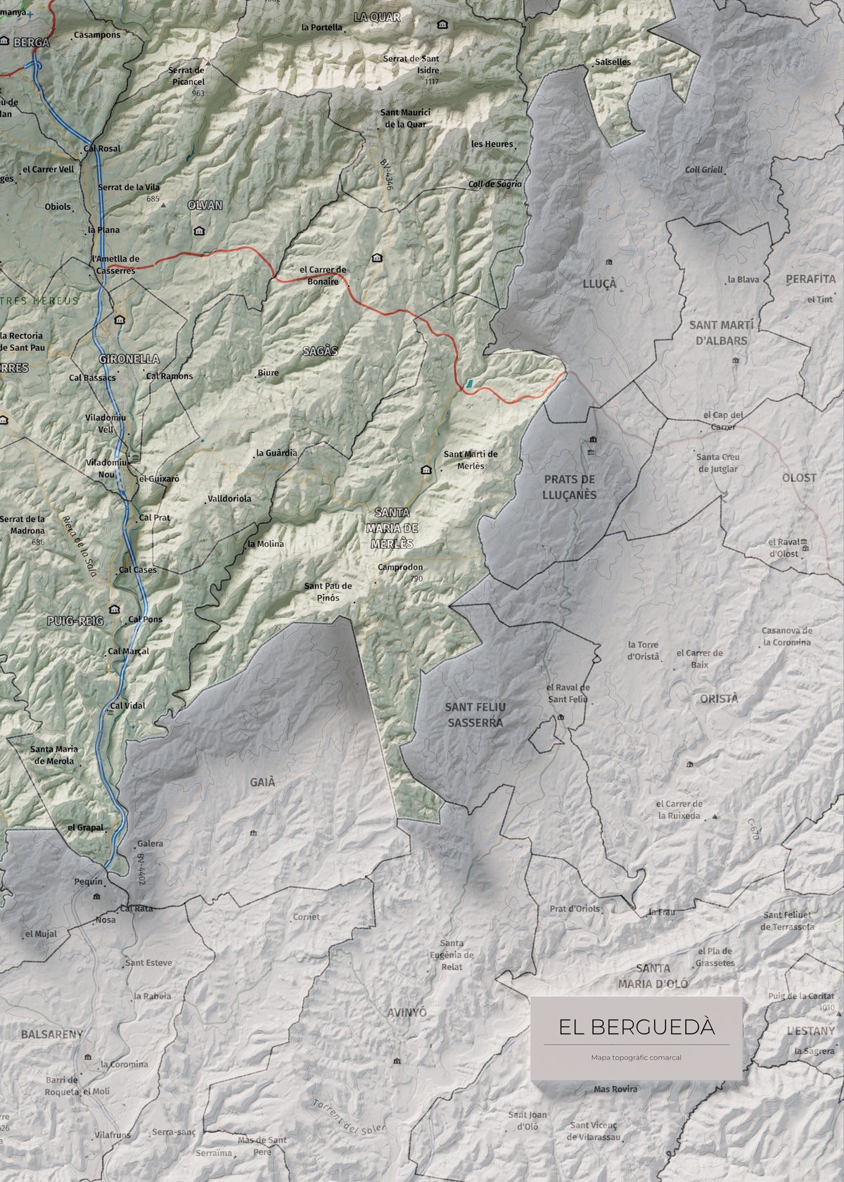 Mapa de relieve del Berguedà, con el territorio en color y el entorno en blanco. Detalle de la zona inferior derecha. 50 × 70 cm. Estilo Cartográfico.
