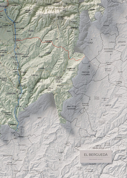 Mapa de relieve del Berguedà, con el territorio en color y el entorno en blanco. Detalle de la zona inferior derecha. 50 × 70 cm. Estilo Cartográfico.