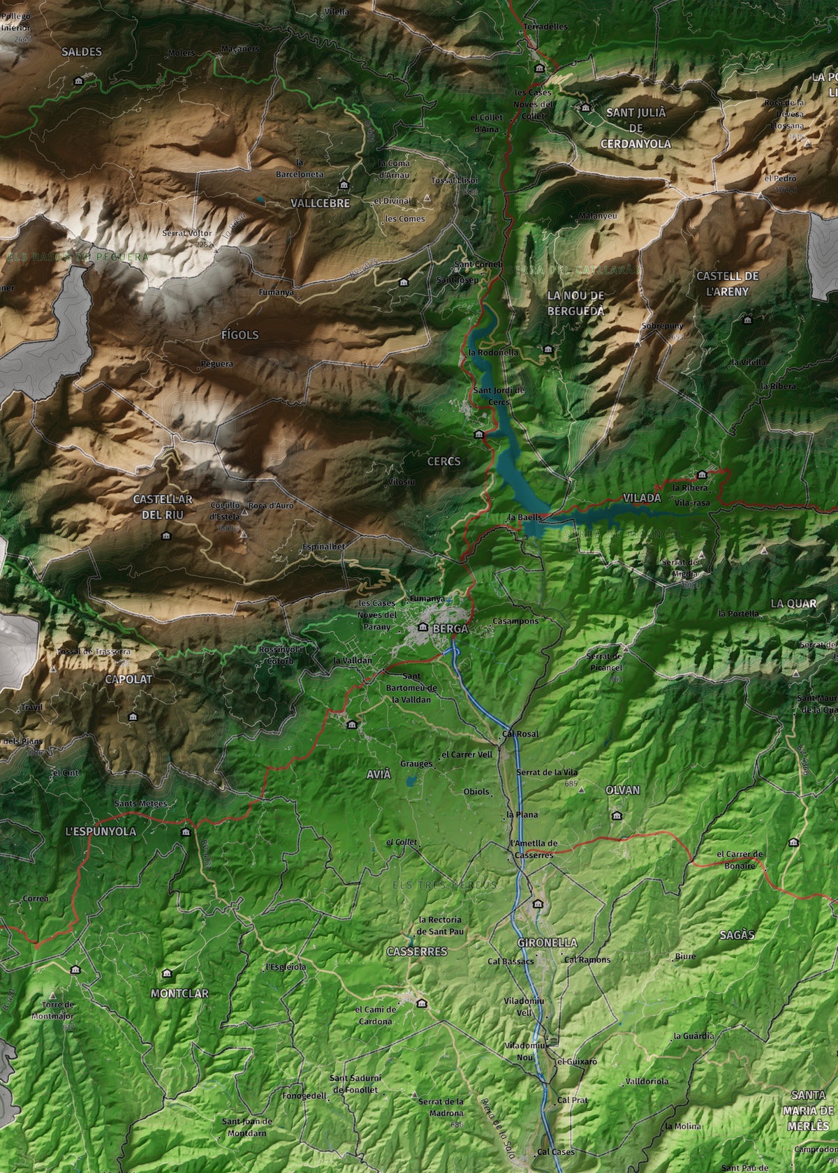 Mapa de relieve del Berguedà, con el territorio en color y el entorno en blanco. Detalle de la zona central. 50 × 70 cm. Estilo Clásico.