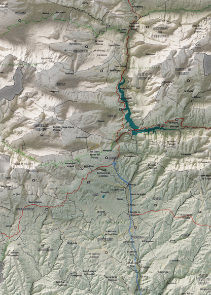 Mapa de relieve del Berguedà, con el territorio en color y el entorno en blanco. Detalle de la zona central. 50 × 70 cm. Estilo Cartográfico.