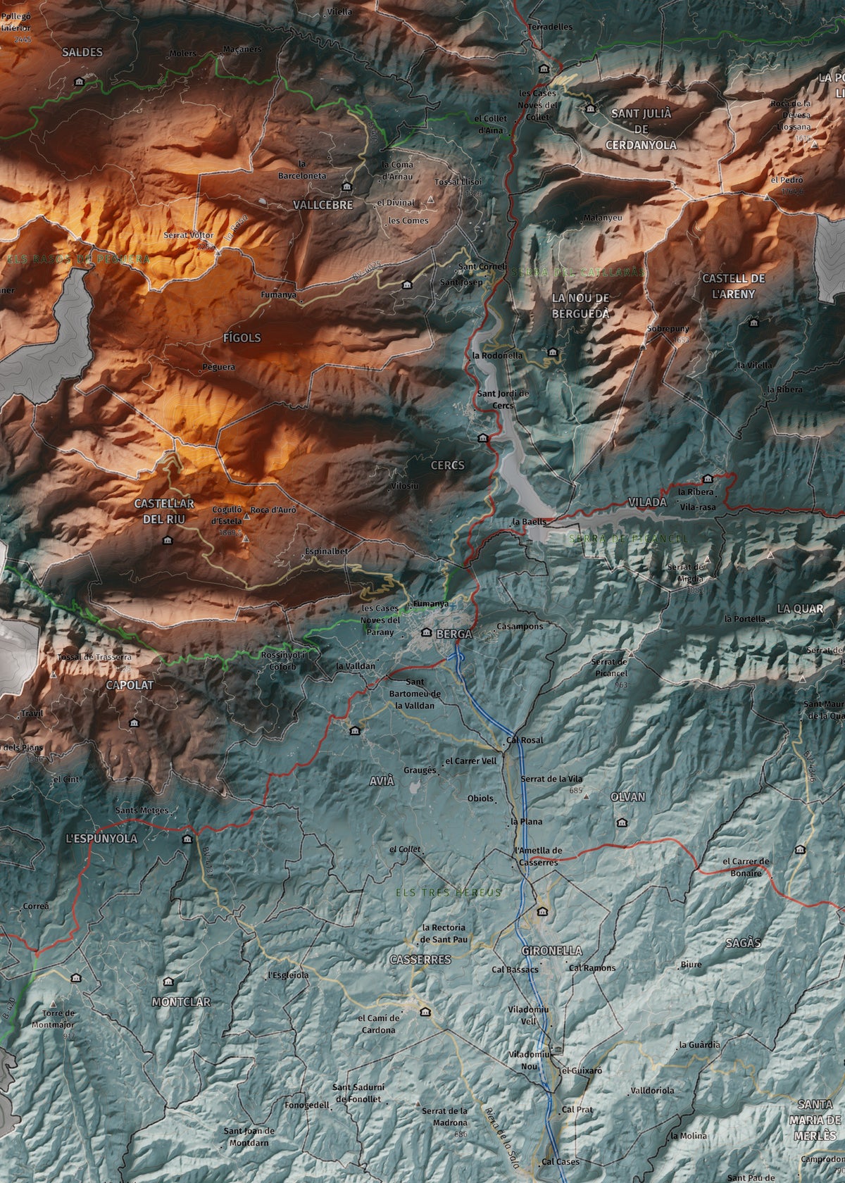 Mapa de relieve del Berguedà, con el territorio en color y el entorno en blanco. Detalle de la zona central. 50 × 70 cm. Estilo Azul y naranja.