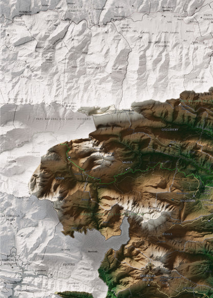 Mapa de relieve del Berguedà, con el territorio en color y el entorno en blanco. Detalle de la zona superior izquierda. 50 × 70 cm. Estilo Clásico.