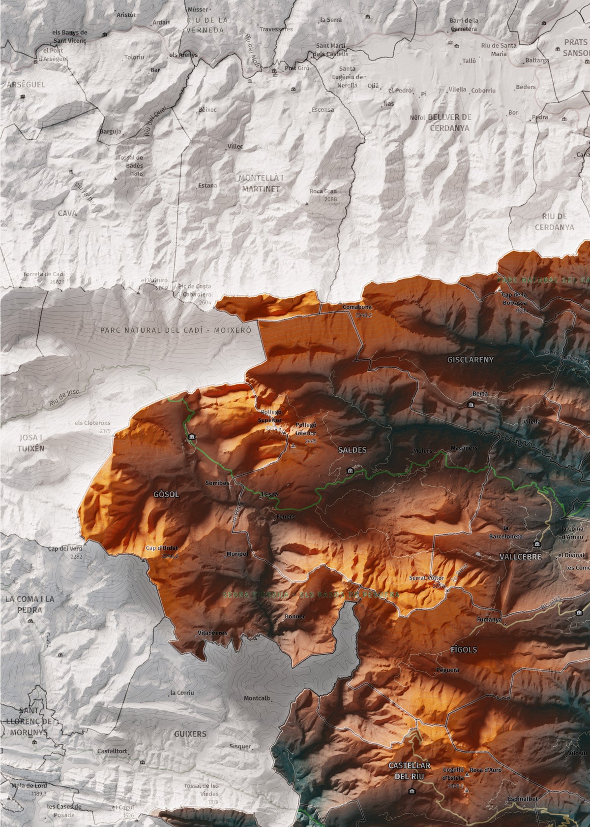 Mapa de relieve del Berguedà, con el territorio en color y el entorno en blanco. Detalle de la zona superior izquierda. 50 × 70 cm. Estilo Azul y naranja.