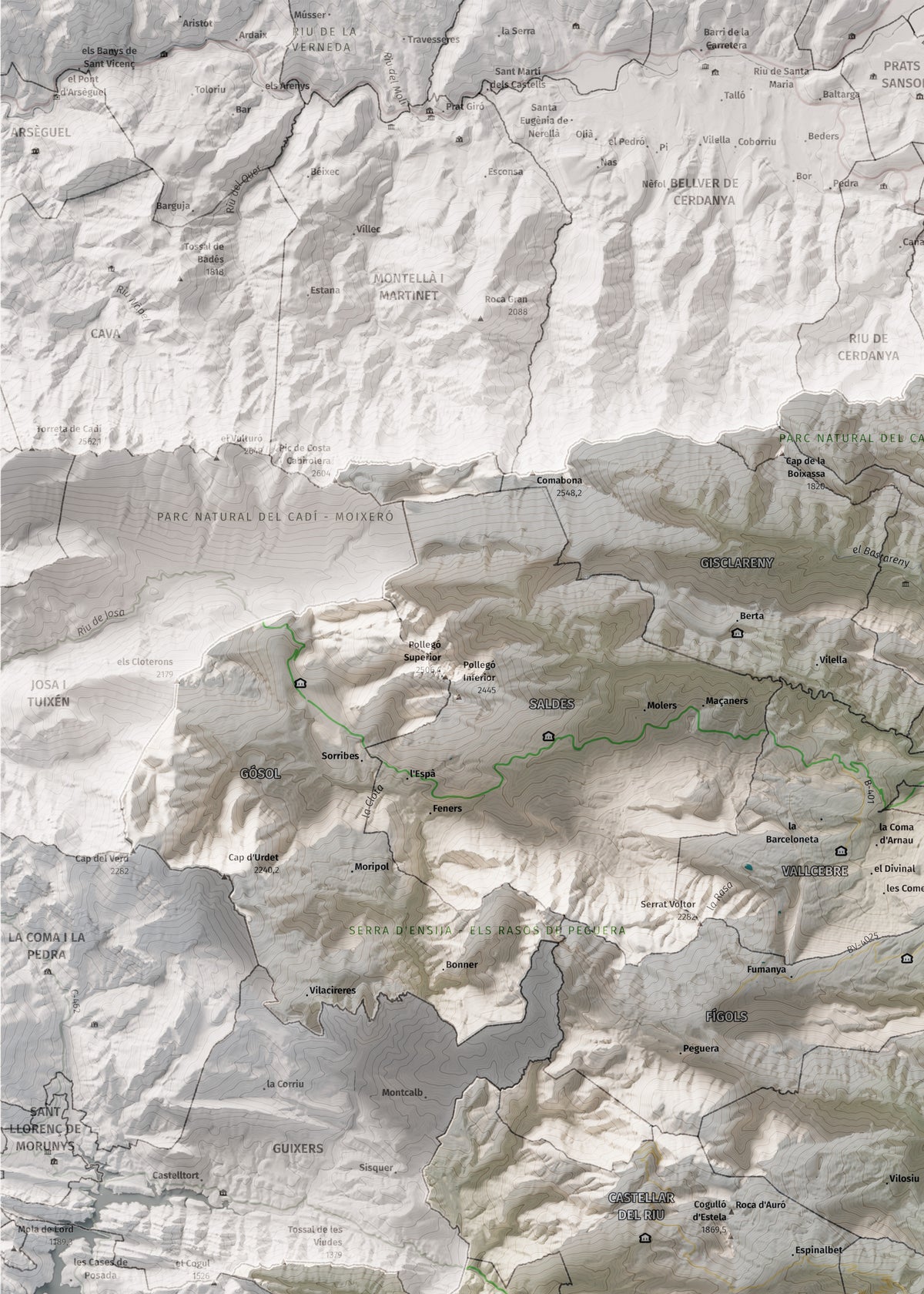 Mapa de relieve del Berguedà, con el territorio en color y el entorno en blanco. Detalle de la zona superior izquierda. 50 × 70 cm. Estilo Cartográfico.