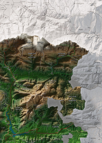 Mapa de relieve del Berguedà, con el territorio en color y el entorno en blanco. Detalle de la zona superior derecha. 50 × 70 cm. Estilo Clásico.
