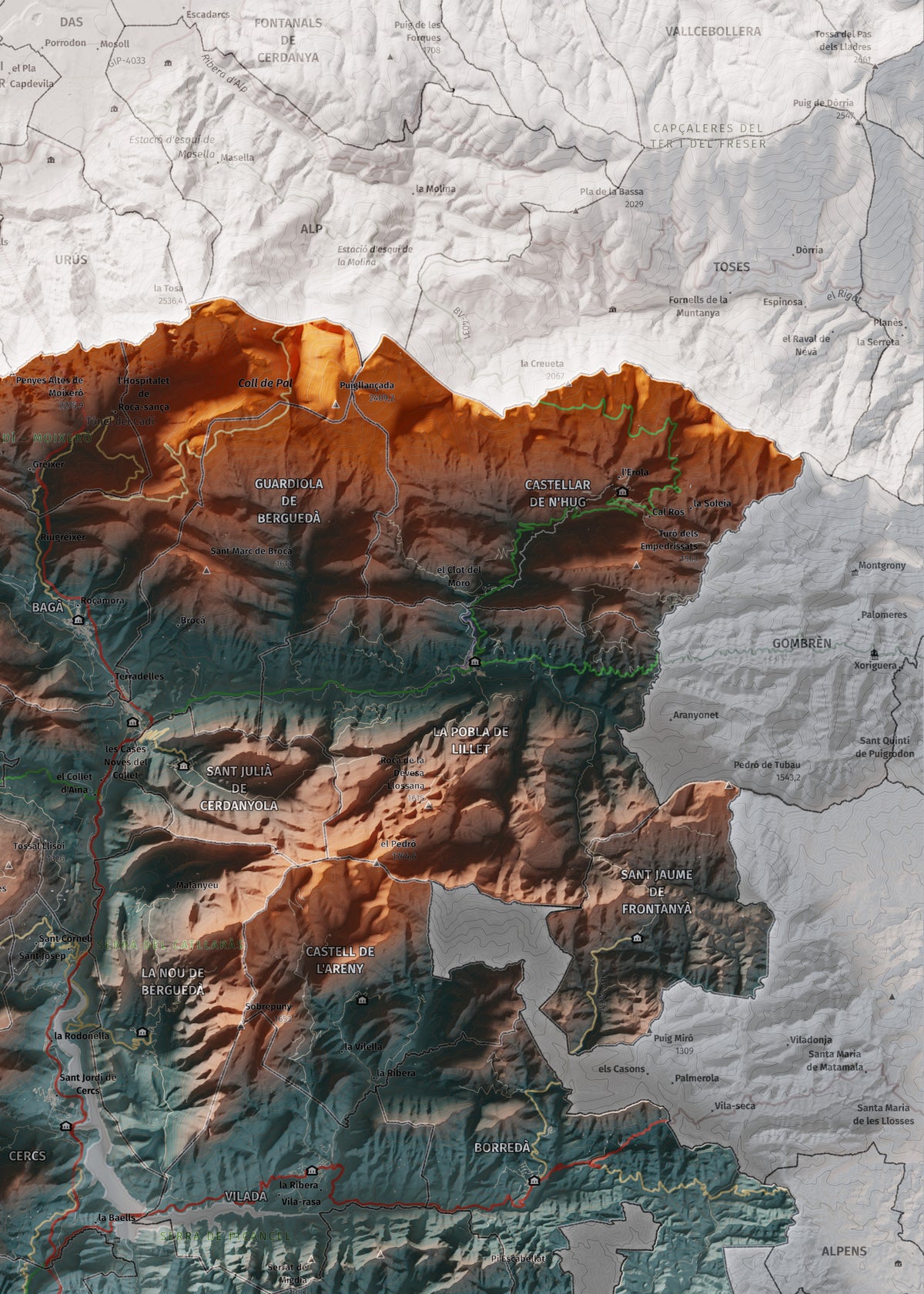 Mapa de relieve del Berguedà, con el territorio en color y el entorno en blanco. Detalle de la zona superior derecha. 50 × 70 cm. Estilo Azul y naranja.