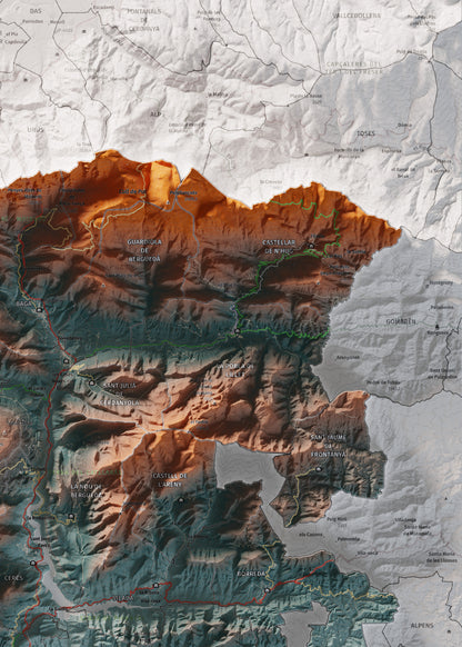 Mapa de relieve del Berguedà, con el territorio en color y el entorno en blanco. Detalle de la zona superior derecha. 50 × 70 cm. Estilo Azul y naranja.