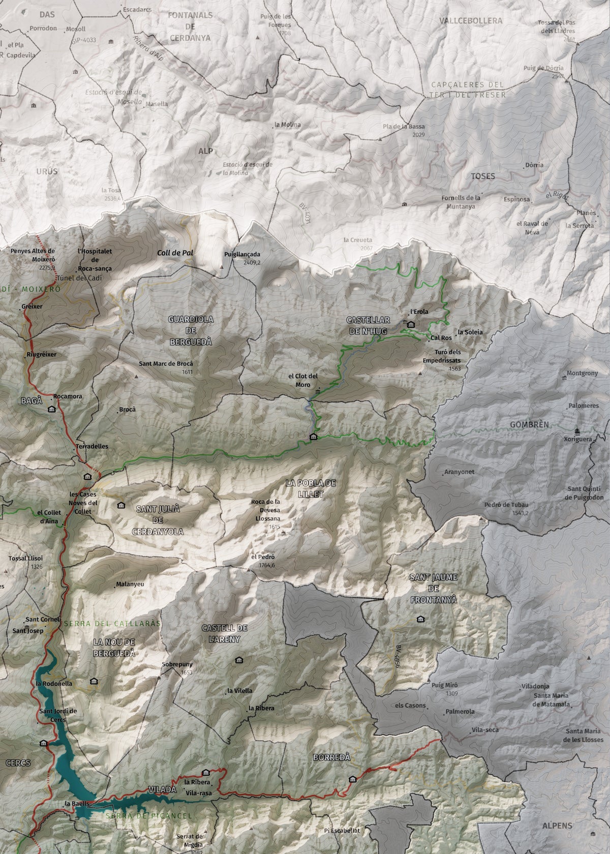 Mapa de relieve del Berguedà, con el territorio en color y el entorno en blanco. Detalle de la zona superior derecha. 50 × 70 cm. Estilo Cartográfico.