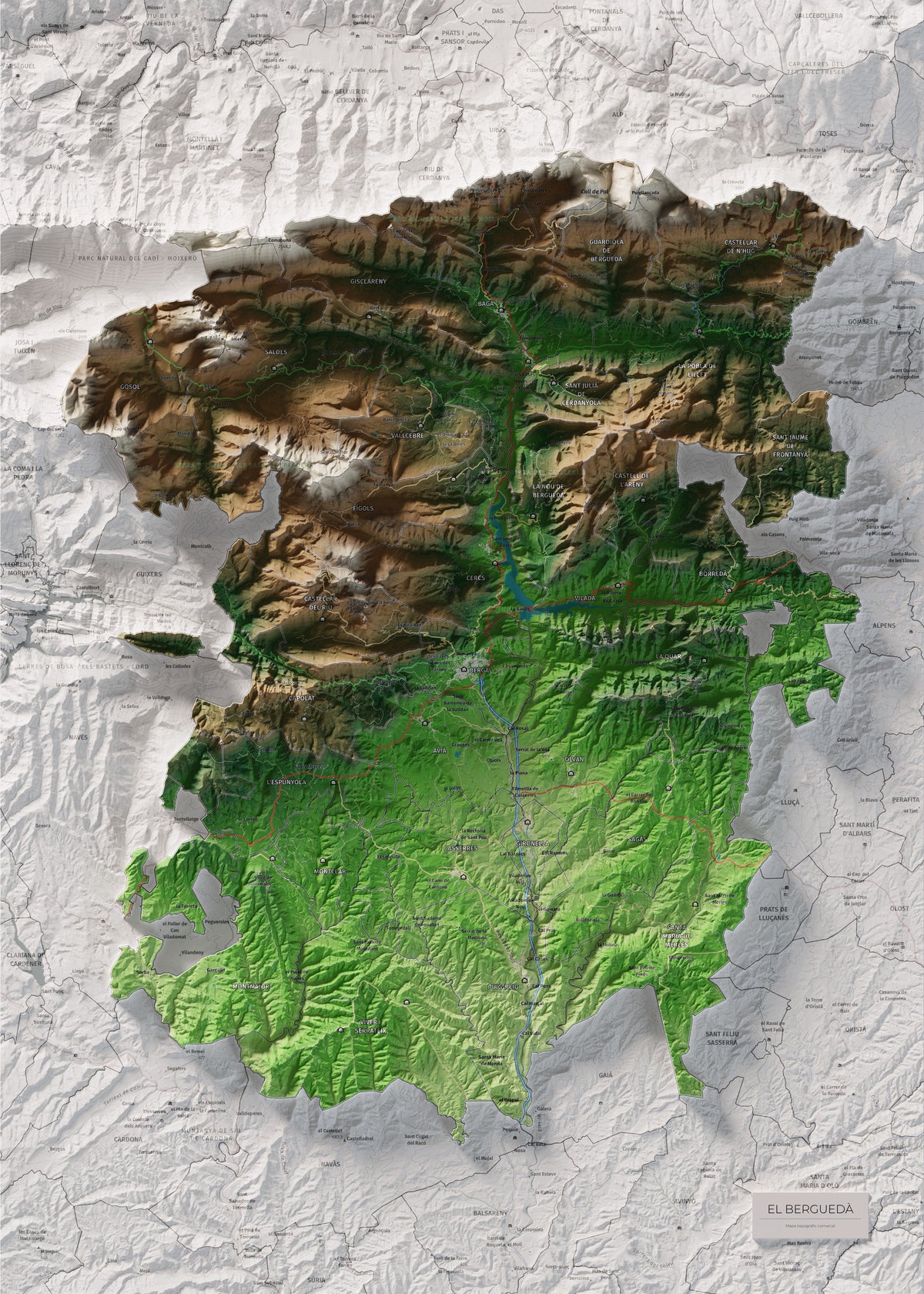 Mapa de relieve del Berguedà, con el territorio en color y el entorno en blanco. Vista completa de la lámina. 50 × 70 cm. Estilo Clásico.