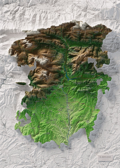 Mapa de relieve del Berguedà, con el territorio en color y el entorno en blanco. Vista completa de la lámina. 50 × 70 cm. Estilo Clásico.