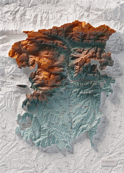 Mapa de relieve del Berguedà, con el territorio en color y el entorno en blanco. Vista completa de la lámina. 50 × 70 cm. Estilo Azul y naranja.