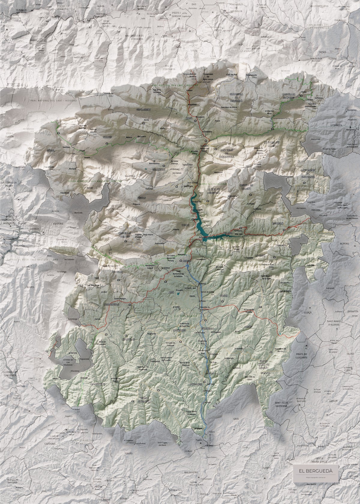 Mapa de relieve del Berguedà, con el territorio en color y el entorno en blanco. Vista completa de la lámina. 50 × 70 cm. Estilo Cartográfico.
