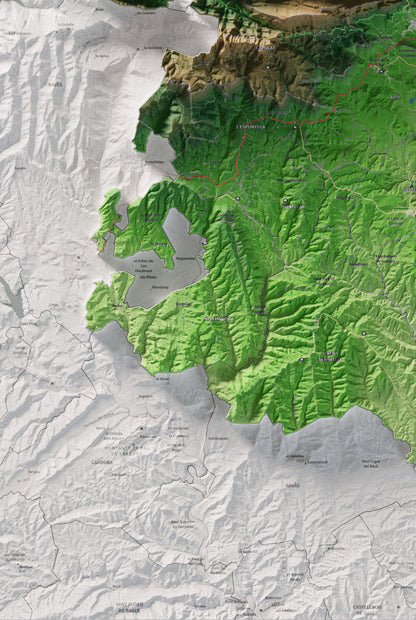 Mapa de relieve del Berguedà, con el territorio en color y el entorno en blanco. Detalle de la zona inferior izquierda. 61 × 91 cm. Estilo Clásico.